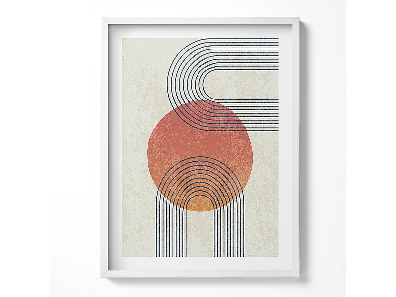 Dekoratives Gemälde mit weißem Rahmen, Linien und Kreis moderner Kunst 60 x 80 cm – Perfekt für das Wohn- oder Schlafzimmer