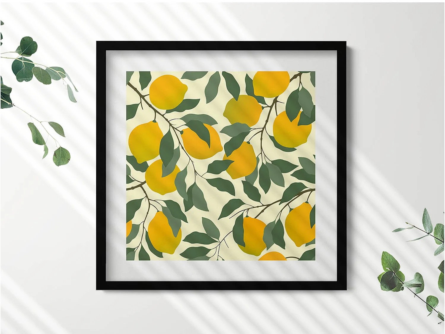 Tableau décoratif avec cadre noir, Illustration de citrons 50 x 50 cm – Parfait pour le salon ou la chambre