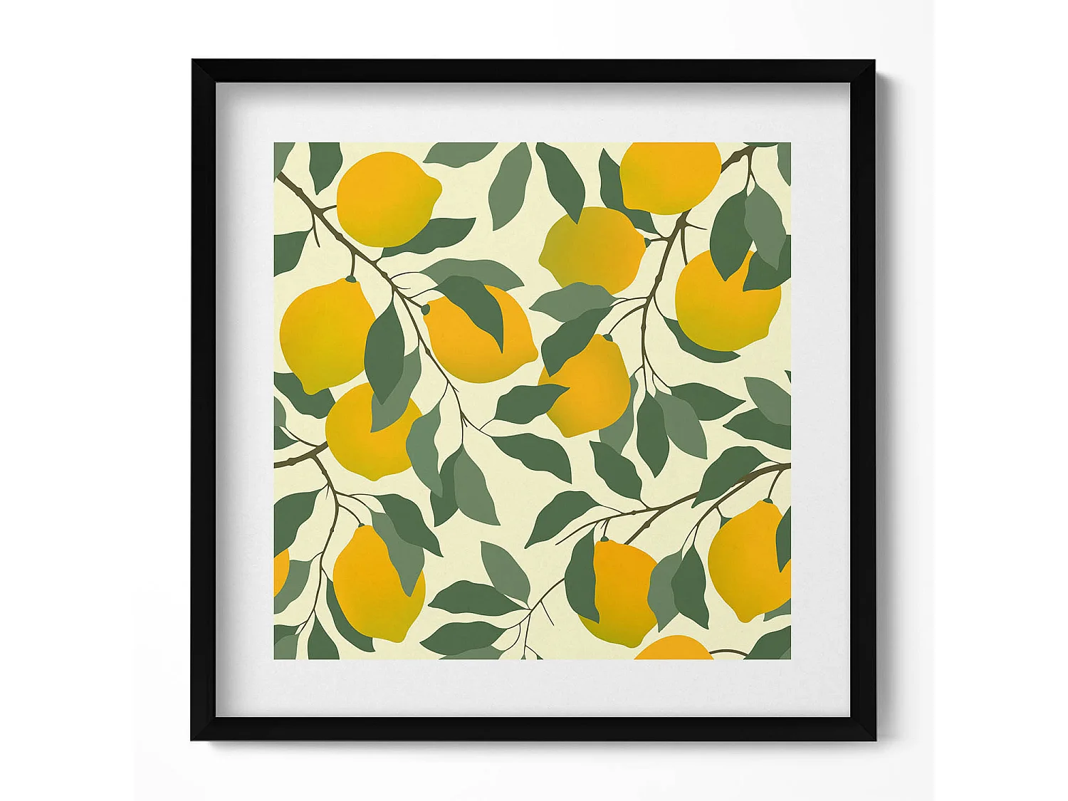 Dekoratives Gemälde mit schwarzem Rahmen, Illustration von Zitronen 50 x 50 cm – Perfekt für das Wohn- oder Schlafzimmer