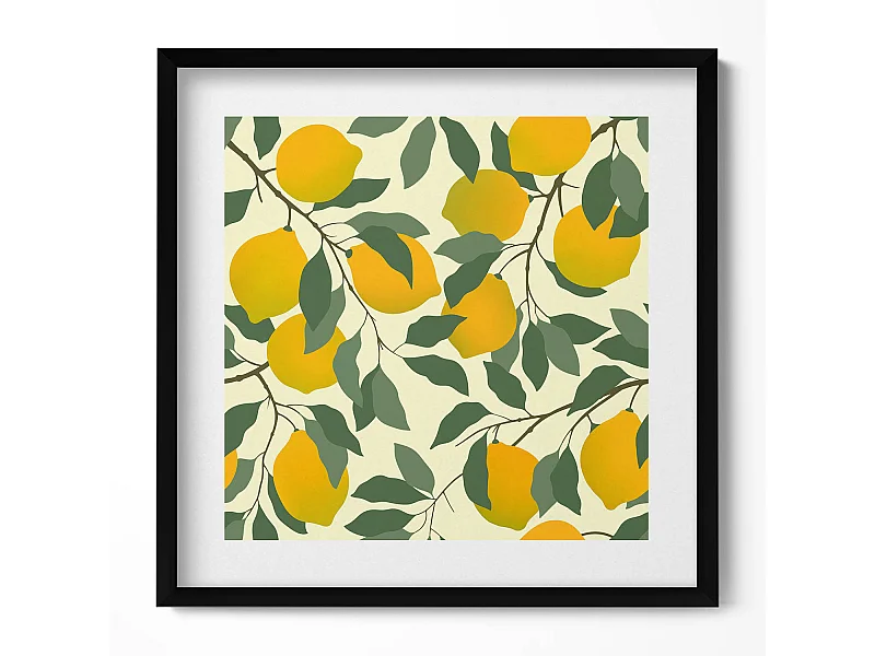 Dekoratives Gemälde mit schwarzem Rahmen, Illustration von Zitronen 50 x 50 cm – Perfekt für das Wohn- oder Schlafzimmer