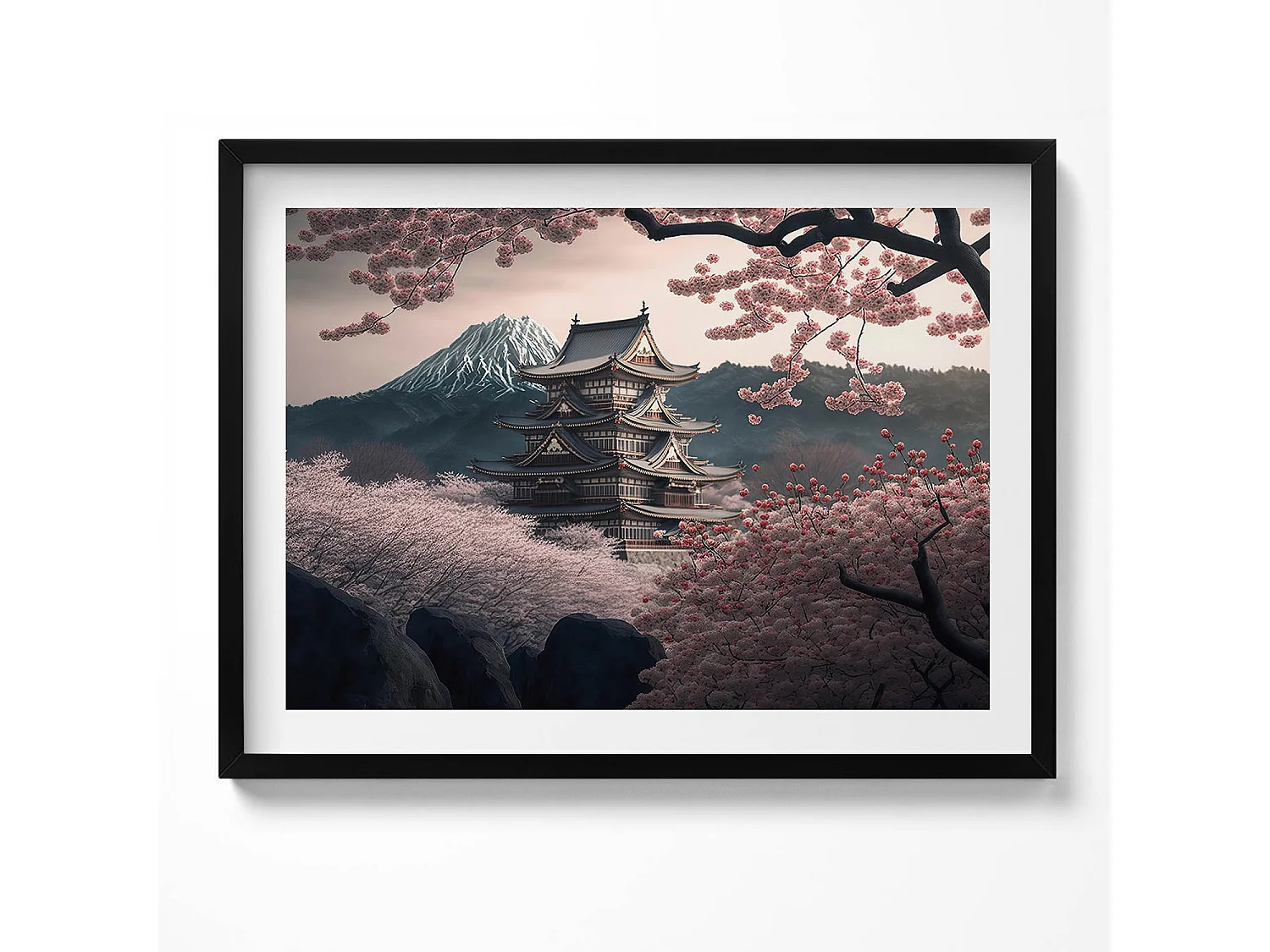 Tableau décoratif avec cadre noir, Tour asiatique et fleurs de cerisier 80 x 60 cm– Parfait pour le salon ou la chambre