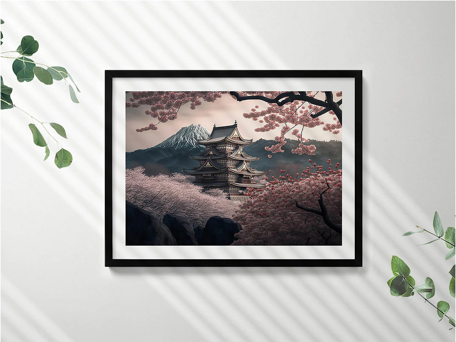 Tableau décoratif avec cadre noir, Tour asiatique et fleurs de cerisier 80 x 60 cm– Parfait pour le salon ou la chambre
