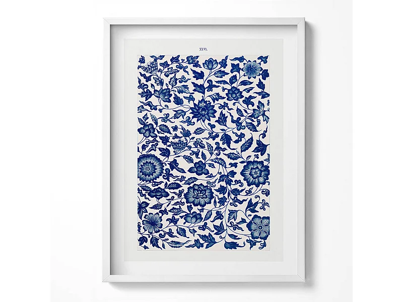 Tableau décoratif avec cadre blanc, Motif floral vintage 60 x 80 cm– Parfait pour le salon ou la chambre