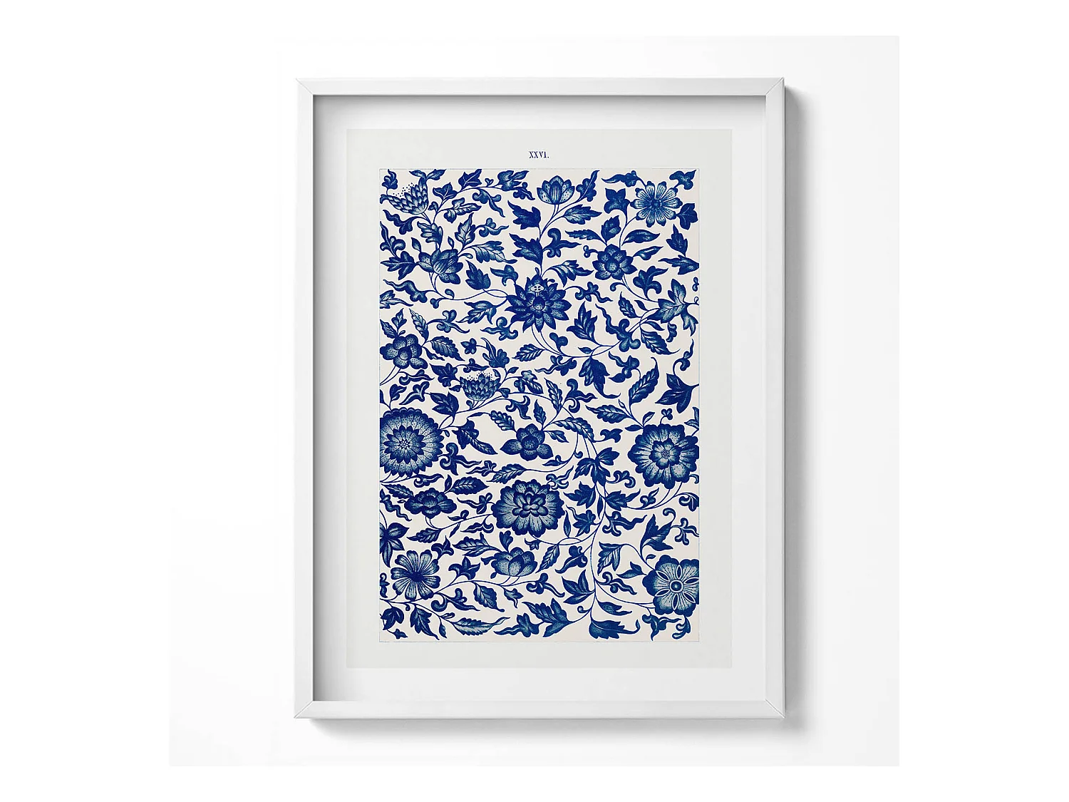 Tableau décoratif avec cadre blanc, Motif floral vintage 60 x 80 cm– Parfait pour le salon ou la chambre