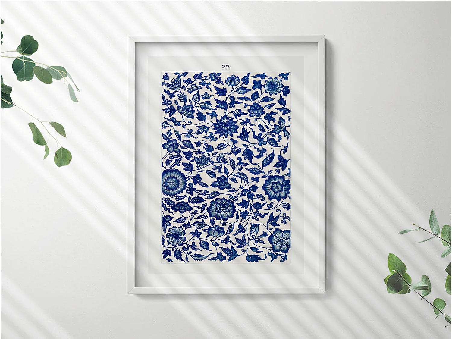 Tableau décoratif avec cadre blanc, Motif floral vintage 60 x 80 cm– Parfait pour le salon ou la chambre