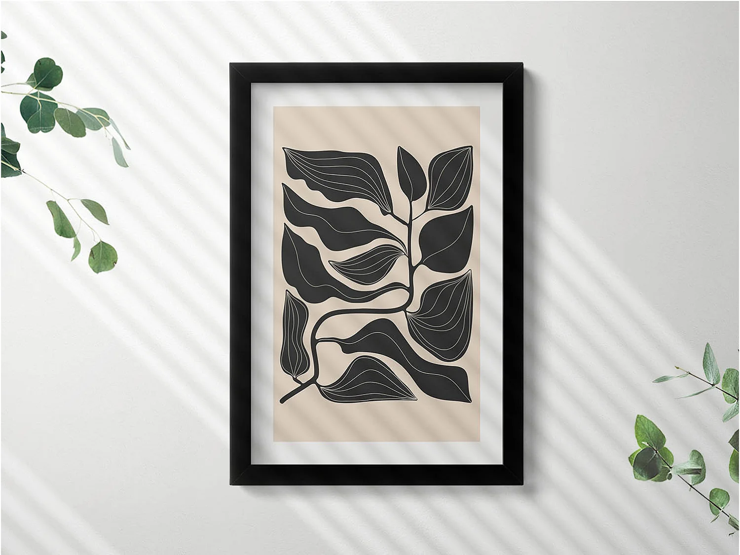 Tableau décoratif avec cadre noir, Plantes minimalistes 20 x 30 cm – Parfait pour le salon ou la chambre