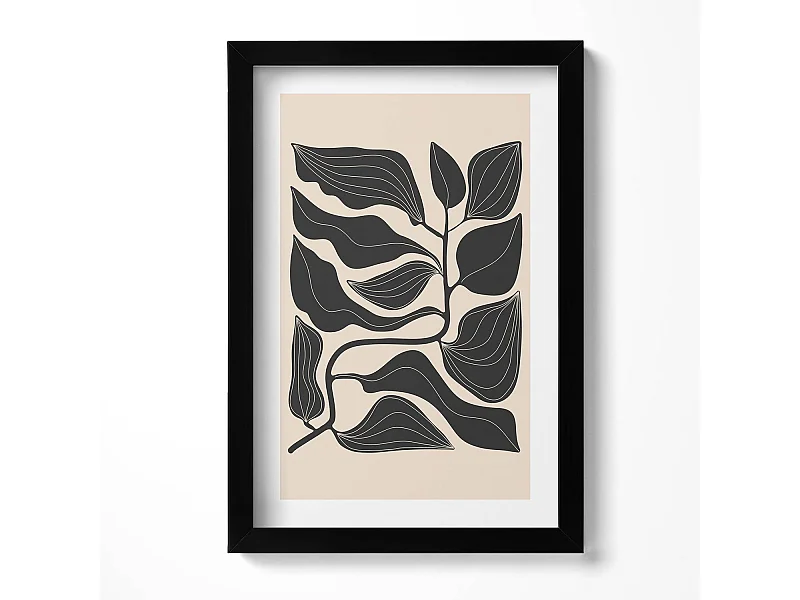 Dekoratives Gemälde mit schwarzem Rahmen, minimalistische Pflanzen 20 x 30 cm – perfekt für das Wohn- oder Schlafzimmer