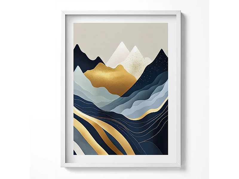 Tableau décoratif avec cadre blanc, Montagnes abstraites 60 x 80 cm– Parfait pour le salon ou la chambre