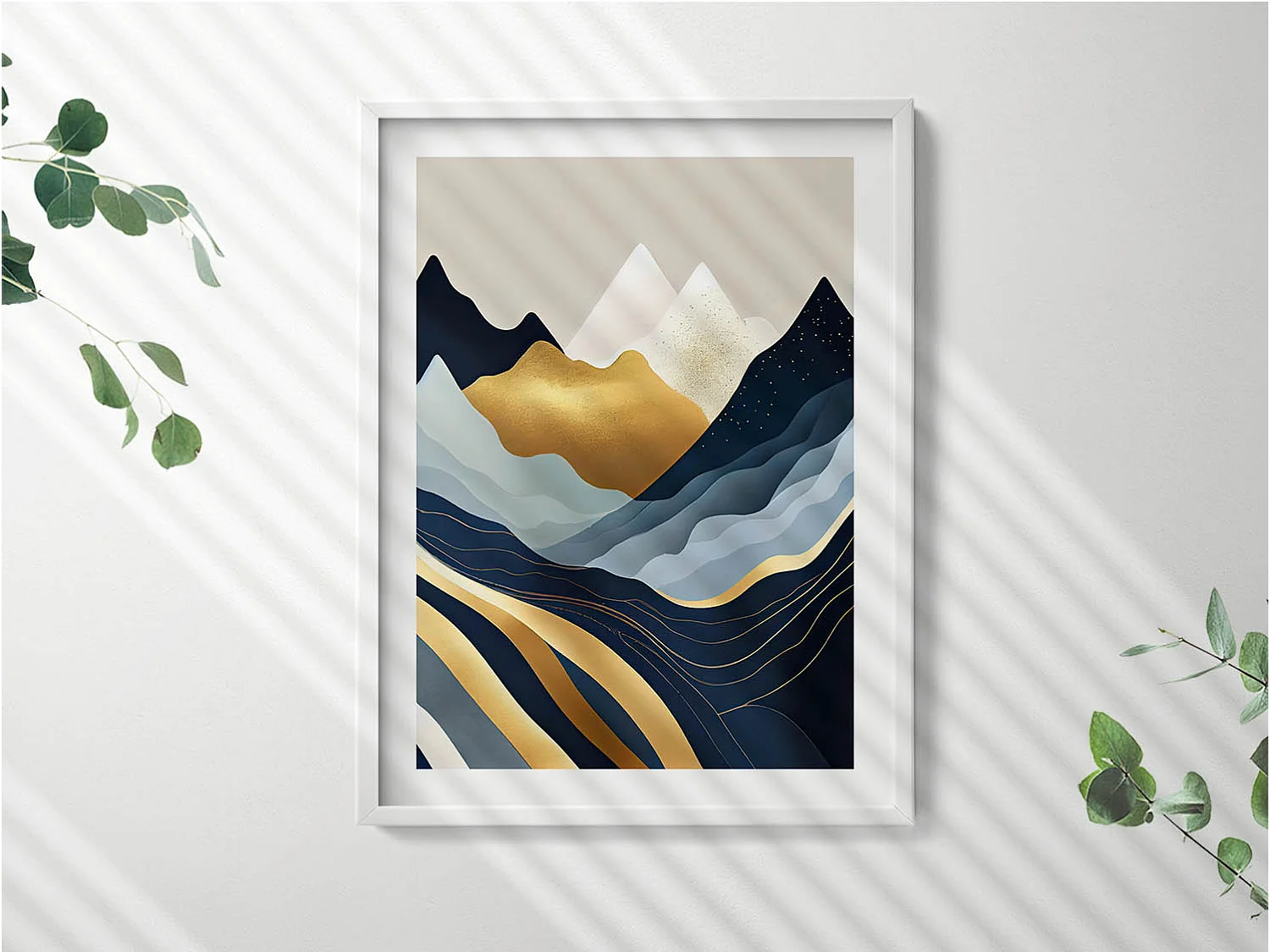 Dekoratives Gemälde mit weißem Rahmen, Abstrakte Berge 60 x 80 cm – Perfekt für das Wohn- oder Schlafzimmer