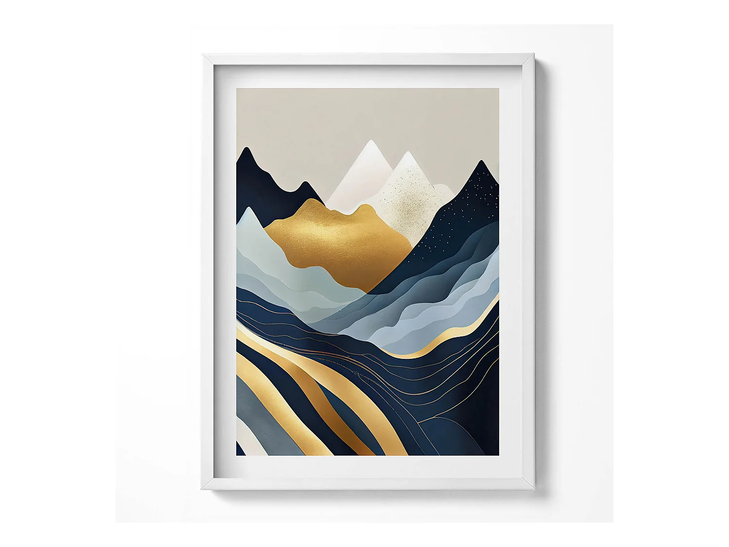 Tableau décoratif avec cadre blanc, Montagnes abstraites 60 x 80 cm– Parfait pour le salon ou la chambre