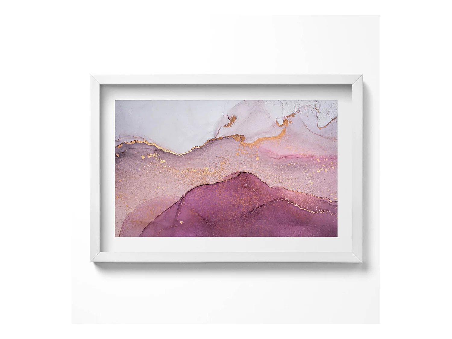 Tableau décoratif avec cadre blanc, Formes dorées fluides sur fond beige 60 x 40 cm– Parfait pour le salon ou la chambre