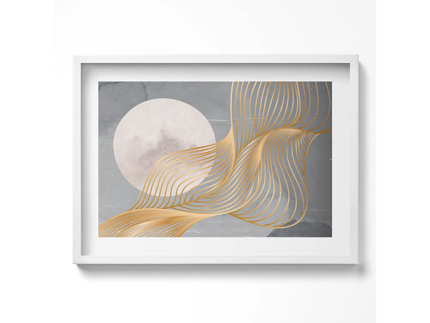 Dekoratives Gemälde mit weißem Rahmen, abstrakte Illustration des Mondes mit Gold 70 x 50 cm – perfekt für das Wohn- oder Schlafzimmer