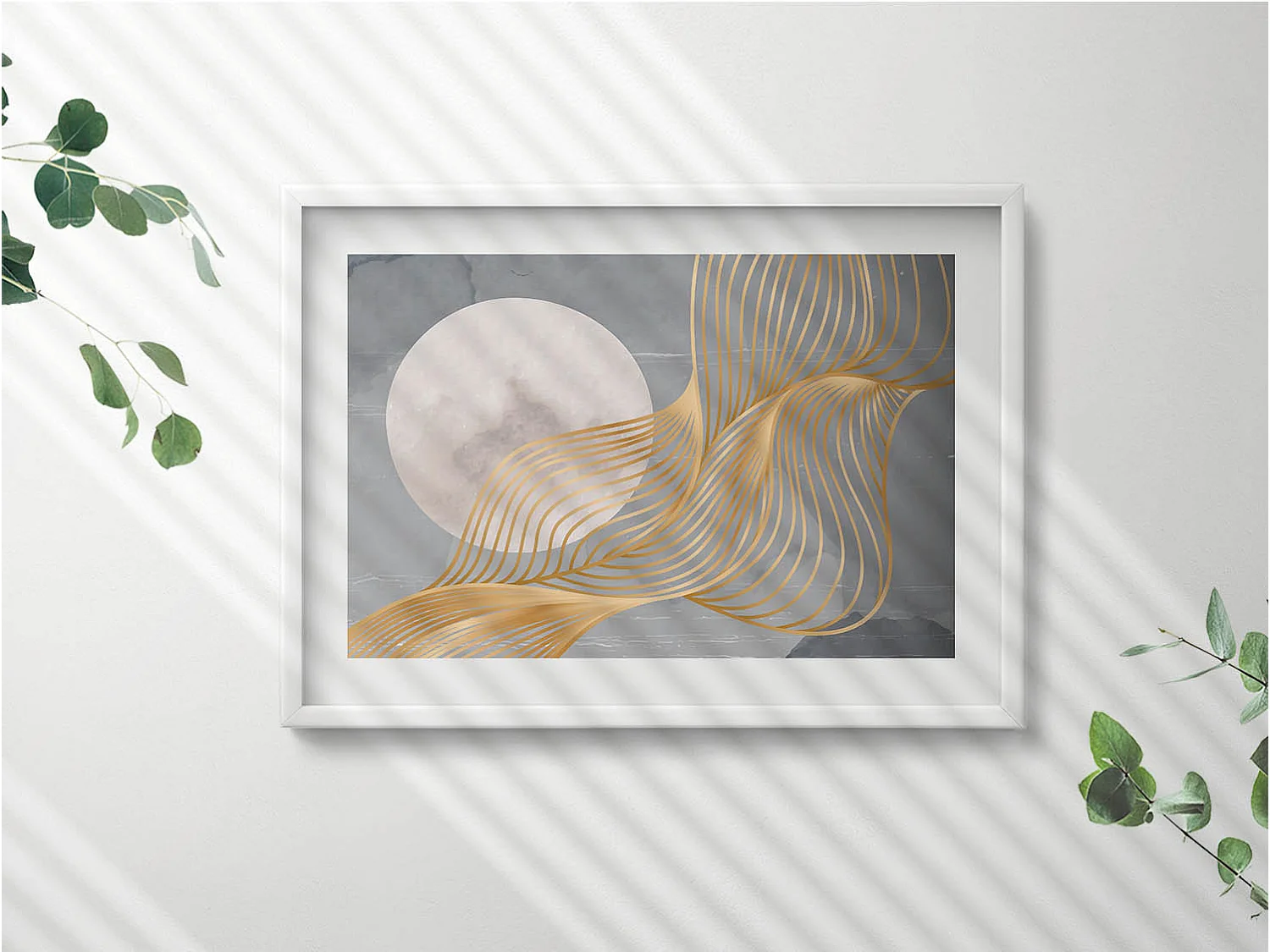 Dekoratives Gemälde mit weißem Rahmen, abstrakte Illustration des Mondes mit Gold 70 x 50 cm – perfekt für das Wohn- oder Schlafzimmer