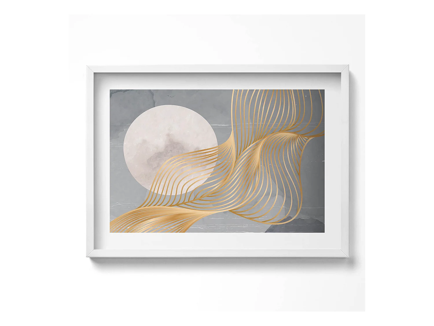 Tableau décoratif avec cadre blanc, Illustration abstraite de la lune avec de l'or 70 x 50 cm– Parfait pour le salon ou la chambre