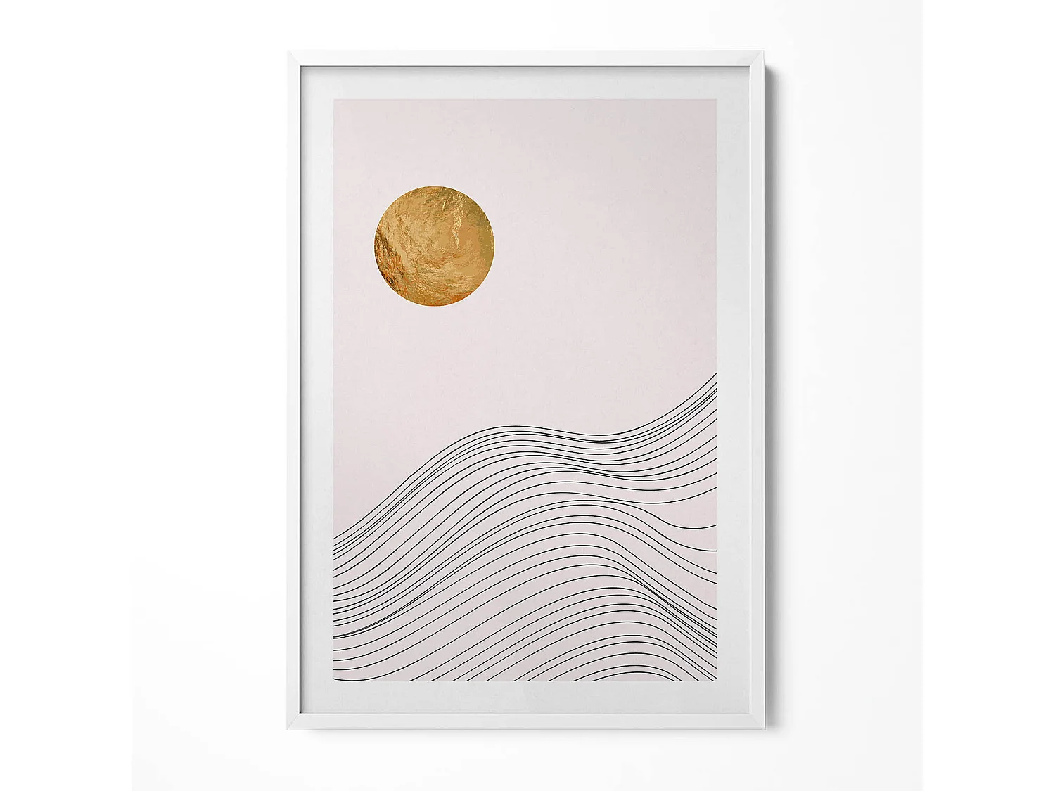 Tableau décoratif avec cadre blanc, Abstraction minimaliste avec détails dorés 70 x 100 cm– Parfait pour le salon ou la chambre