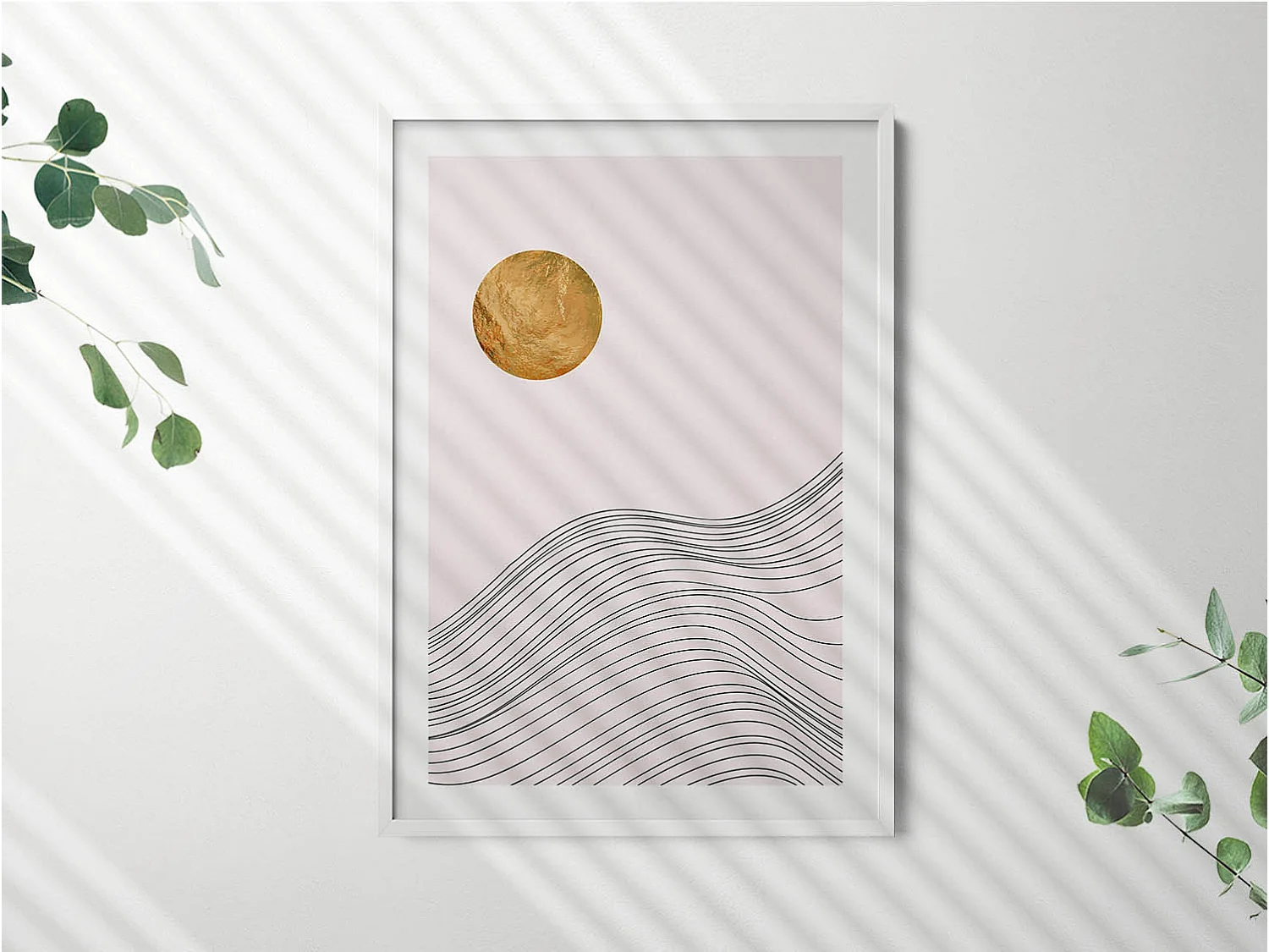 Tableau décoratif avec cadre blanc, Abstraction minimaliste avec détails dorés 70 x 100 cm– Parfait pour le salon ou la chambre