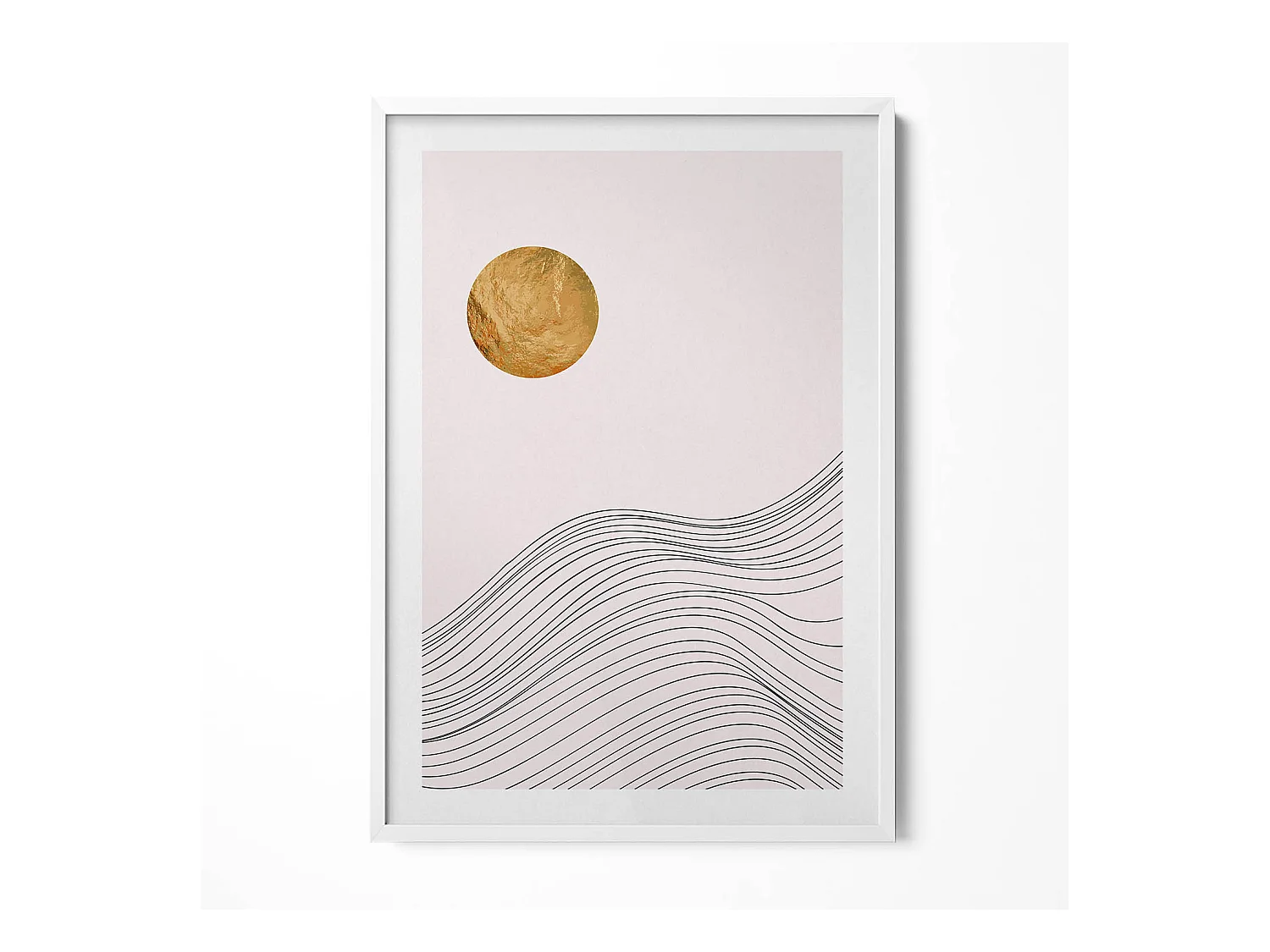 Tableau décoratif avec cadre blanc, Abstraction minimaliste avec détails dorés 70 x 100 cm– Parfait pour le salon ou la chambre