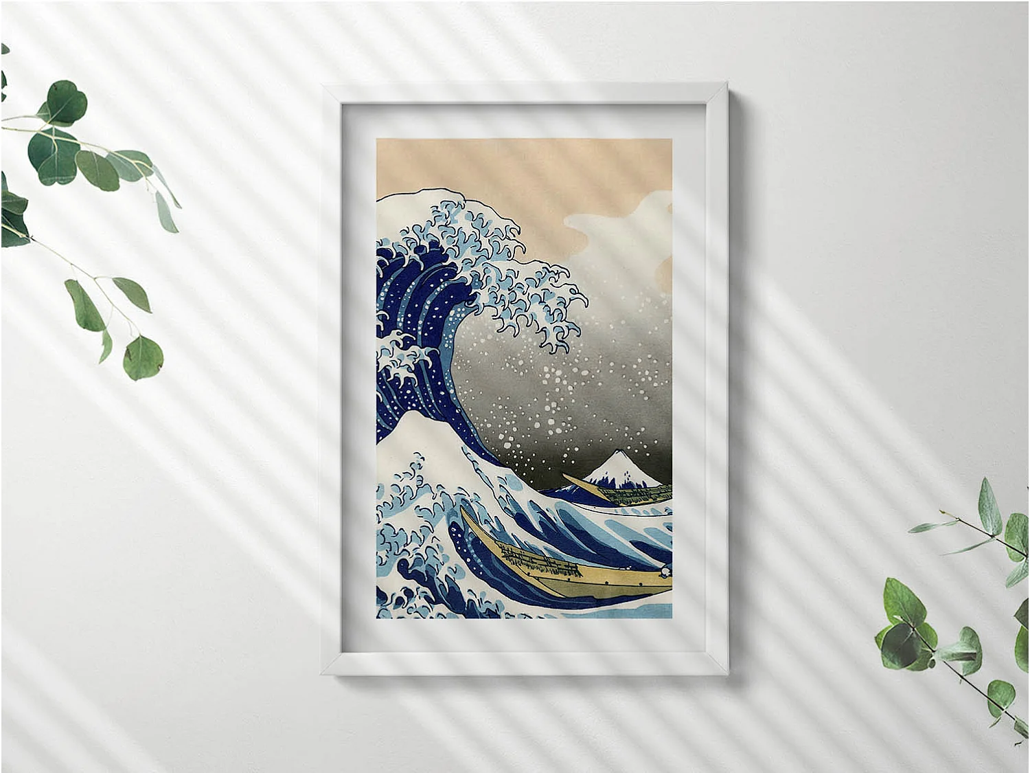 Tableau décoratif avec cadre blanc, Grosse vague à Kanagawa 40 x 60 cm– Parfait pour le salon ou la chambre