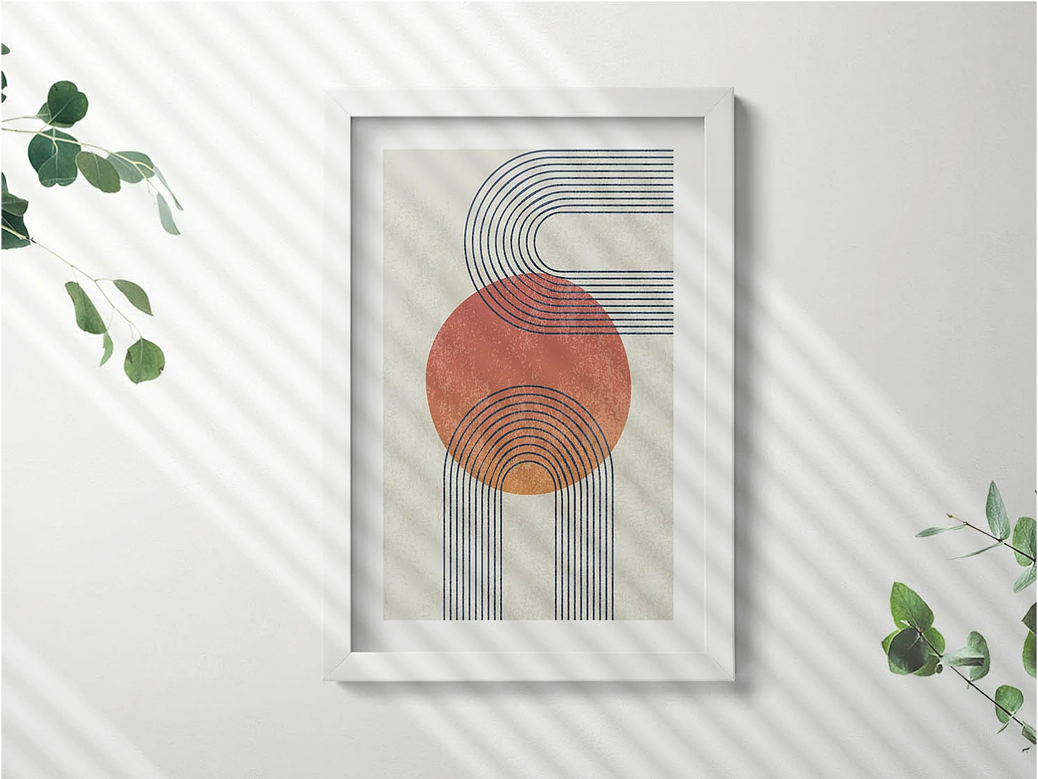 Dekoratives Gemälde mit weißem Rahmen, Linien und Kreis moderner Kunst 20 x 30 cm – Perfekt für das Wohn- oder Schlafzimmer