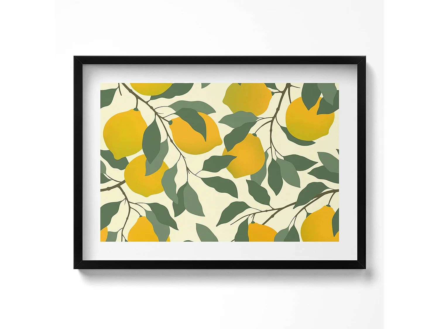Quadro decorativo con cornice nera, Illustrazione di limoni 70 x 50 cm – Perfetto per il soggiorno o la camera da letto