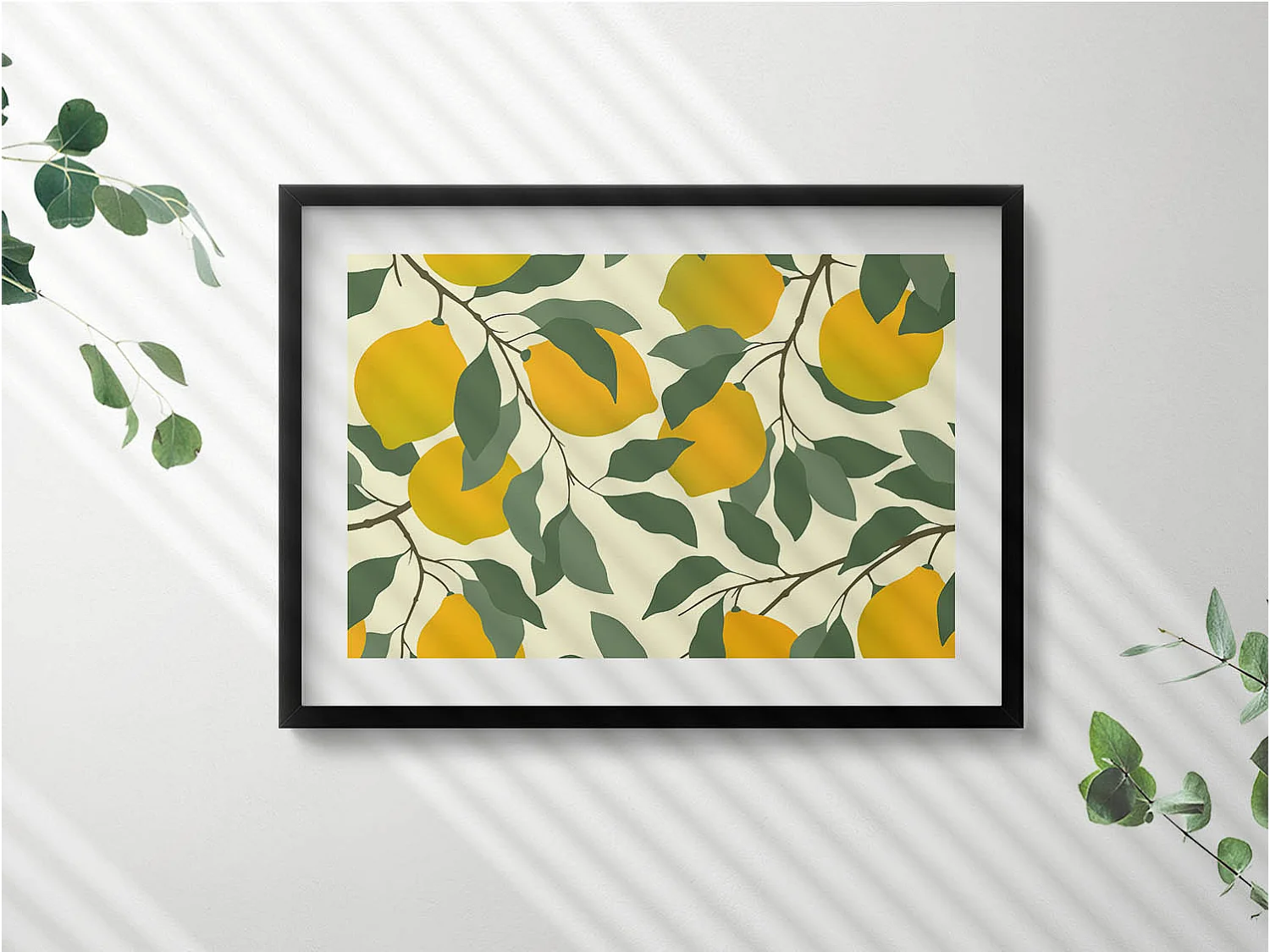 Quadro decorativo con cornice nera, Illustrazione di limoni 70 x 50 cm – Perfetto per il soggiorno o la camera da letto