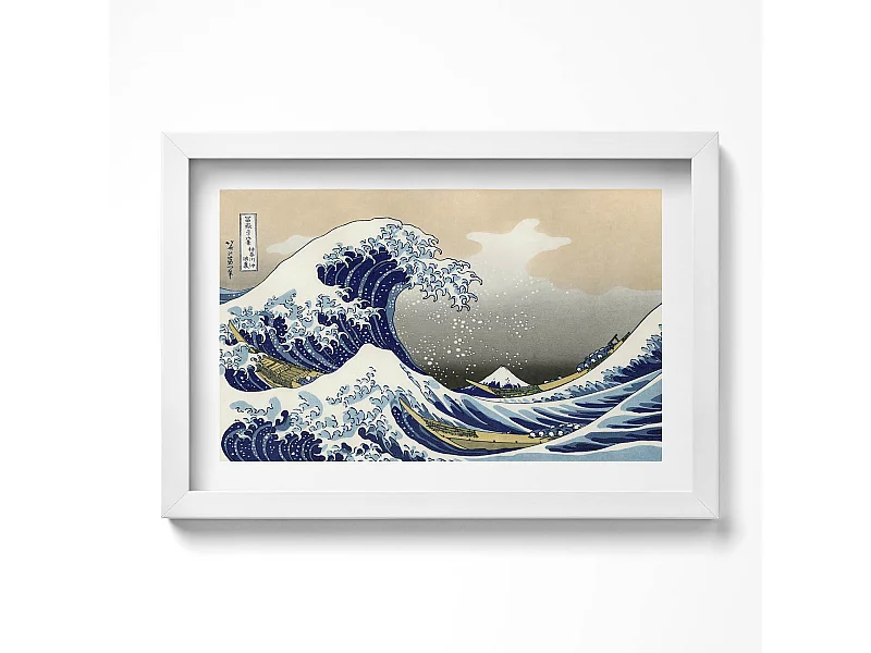 Dekoratives Gemälde mit weißem Rahmen, Große Welle bei Kanagawa 30 x 20 cm – Perfekt für das Wohn- oder Schlafzimmer