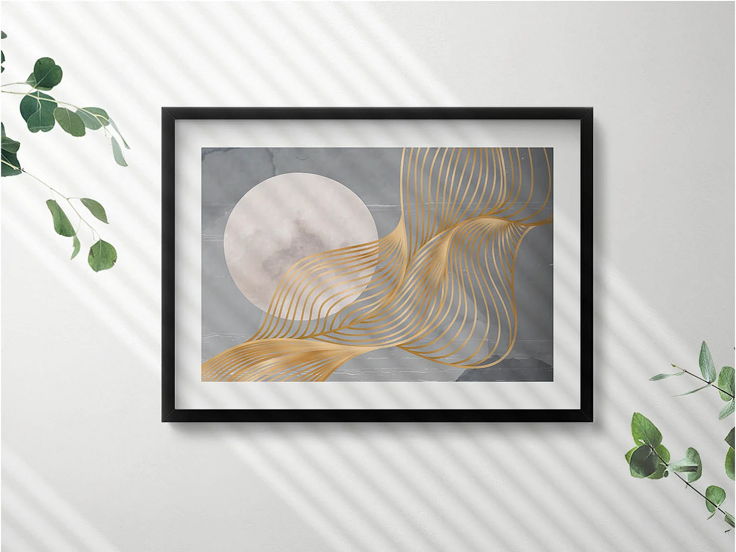 Dekoratives Gemälde mit schwarzem Rahmen, abstrakte Illustration des Mondes mit Gold 70 x 50 cm – perfekt für das Wohn- oder Schlafzimmer