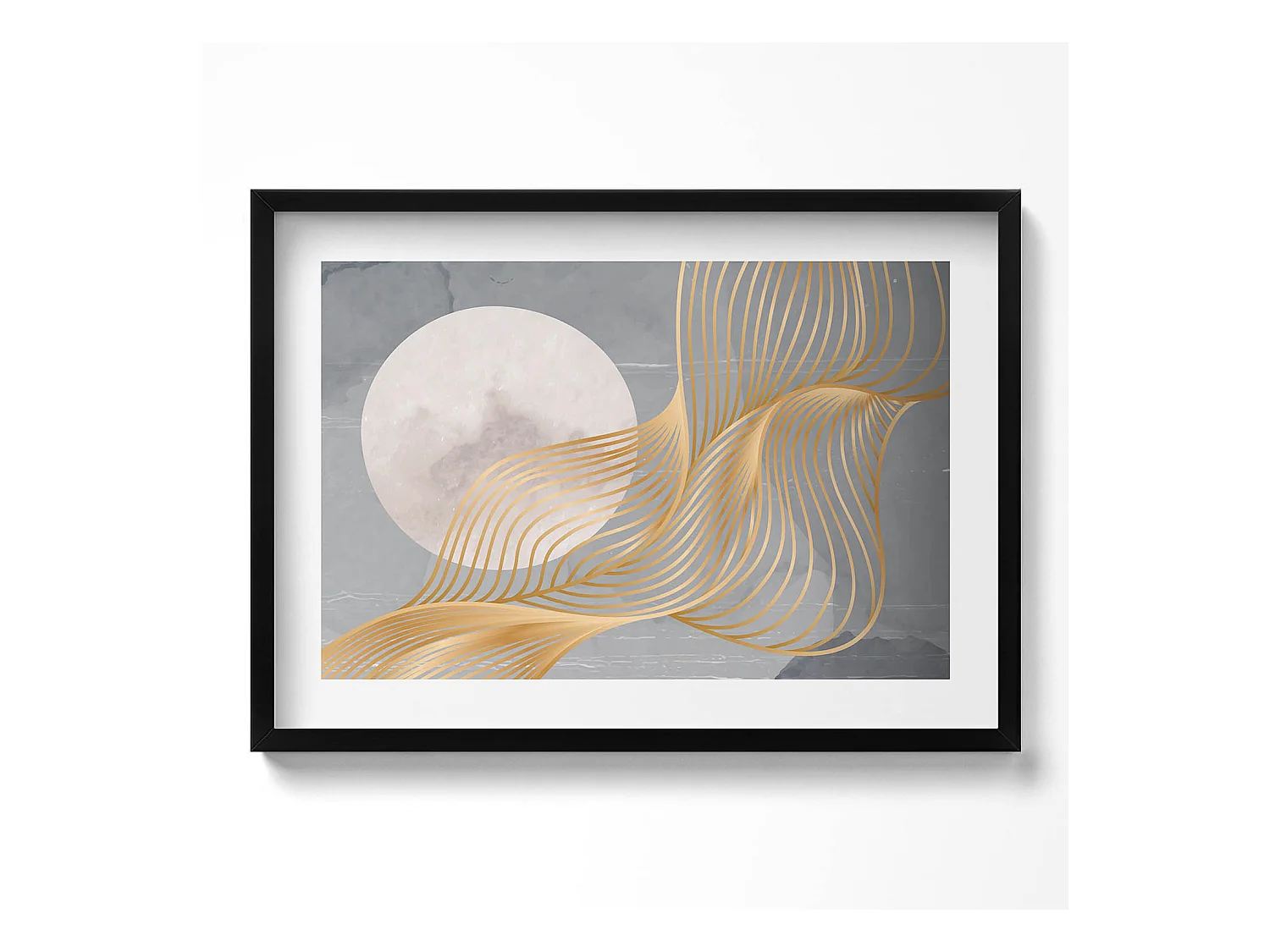 Tableau décoratif avec cadre noir, Illustration abstraite de la lune avec de l'or 70 x 50 cm– Parfait pour le salon ou la chambre