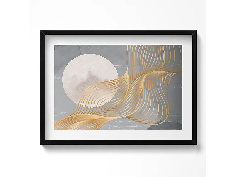Dekoratives Gemälde mit schwarzem Rahmen, abstrakte Illustration des Mondes mit Gold 70 x 50 cm – perfekt für das Wohn- oder Schlafzimmer