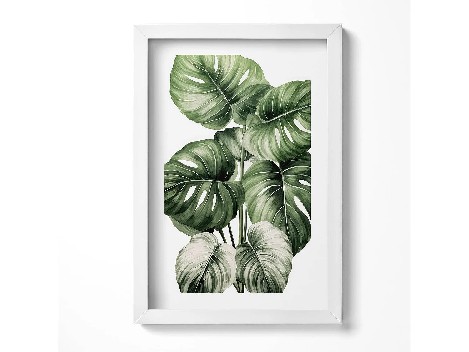 Dekoratives Gemälde mit weißem Rahmen, bemalte Monstera-Blätter 20 x 30 cm – perfekt für das Wohn- oder Schlafzimmer