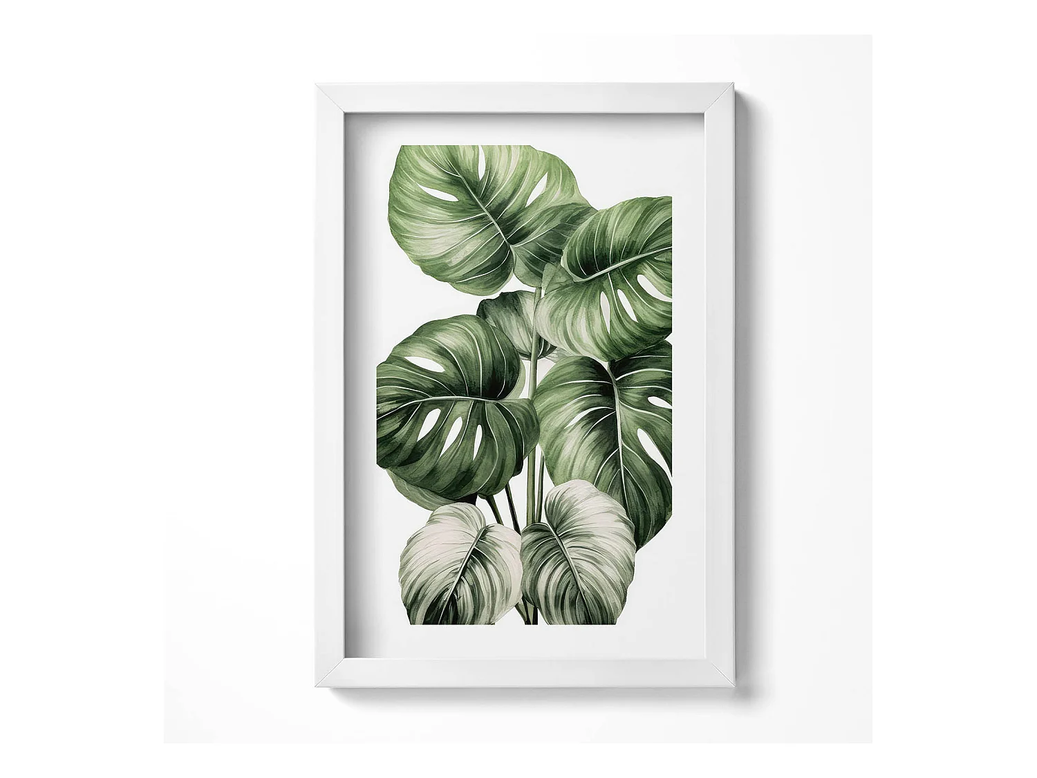 Tableau décoratif avec cadre blanc, Feuilles de monstera peintes 20 x 30 cm – Parfait pour le salon ou la chambre