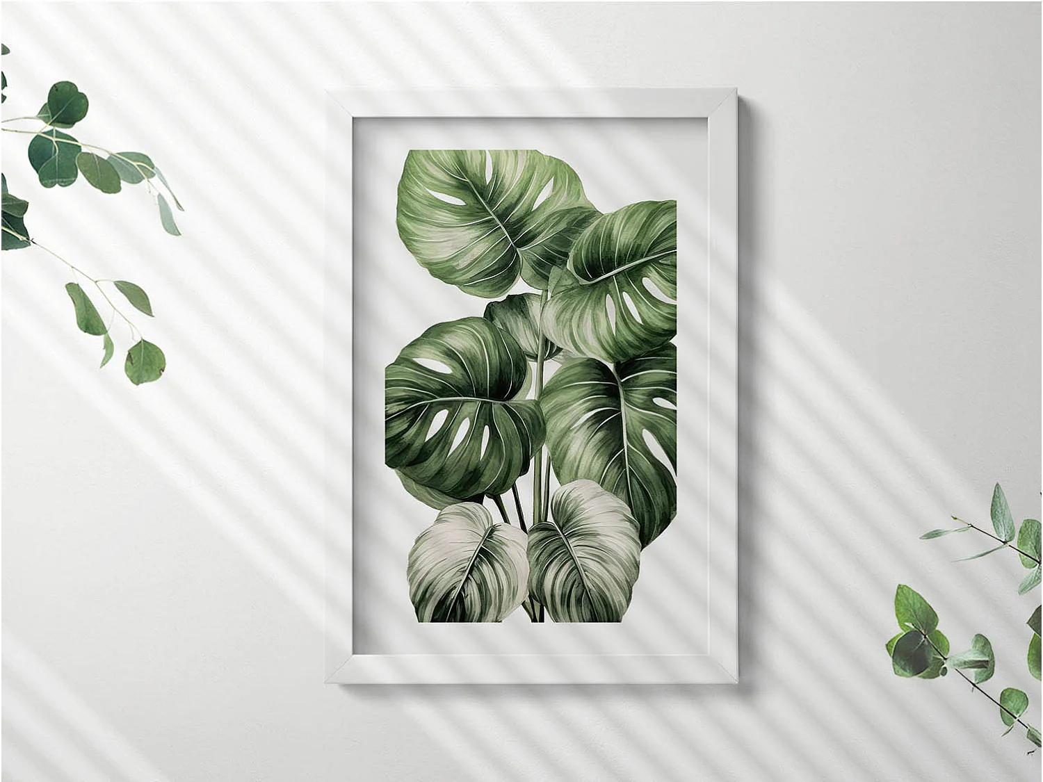 Tableau décoratif avec cadre blanc, Feuilles de monstera peintes 20 x 30 cm – Parfait pour le salon ou la chambre
