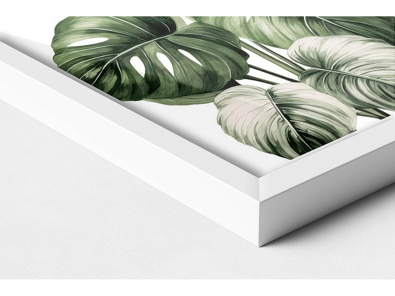 Tableau décoratif avec cadre blanc, Feuilles de monstera peintes 20 x 30 cm – Parfait pour le salon ou la chambre