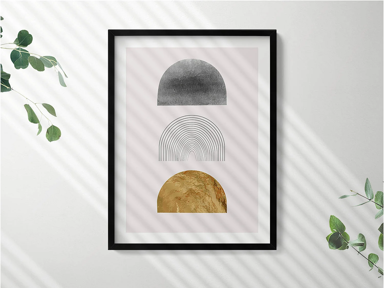 Decoratief schilderij met zwarte lijst, Boheemse vormen met goud 60 x 80 cm – Perfect voor de woon- of slaapkamer