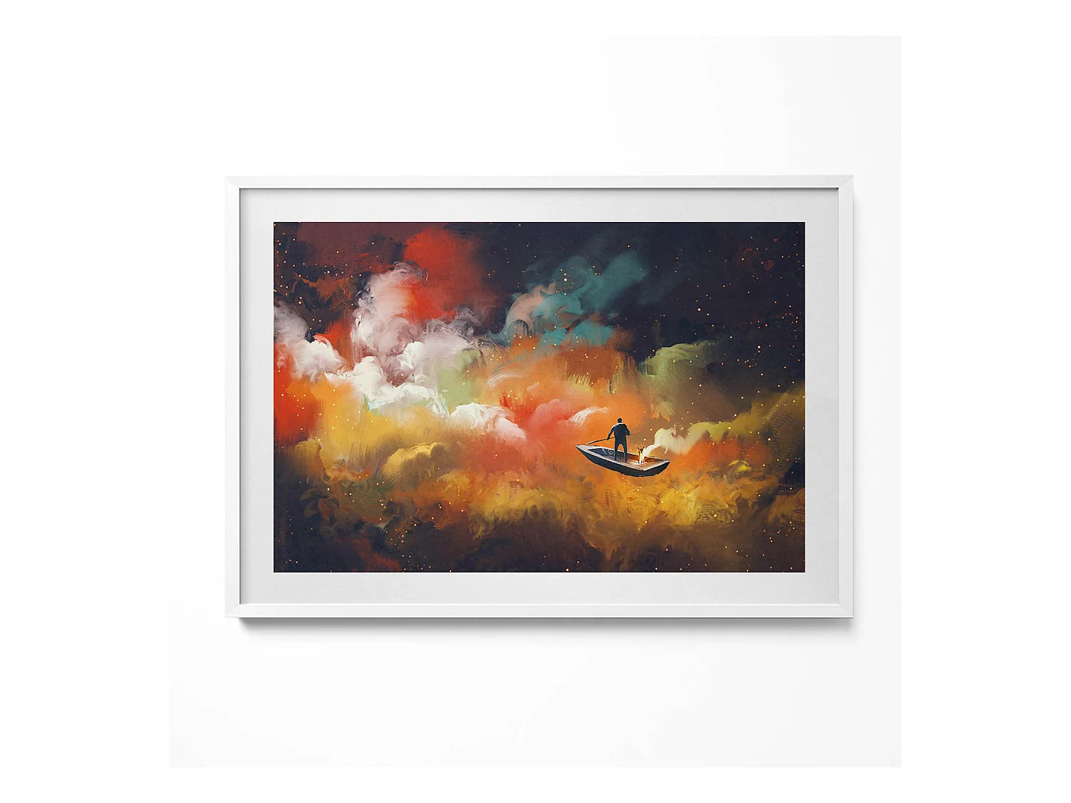 Tableau décoratif avec cadre blanc, Abstraction minimaliste avec détails dorés 100 x 70 cm– Parfait pour le salon ou la chambre