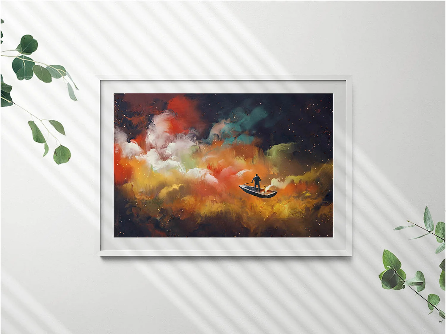 Dekoratives Gemälde mit weißem Rahmen, minimalistische Abstraktion mit goldenen Details 100 x 70 cm – Perfekt für das Wohn- oder Schlafzimmer