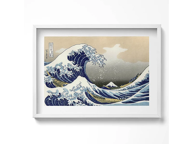 Decoratief schilderij met witte lijst, Big wave in Kanagawa 70 x 50 cm – Perfect voor de woon- of slaapkamer