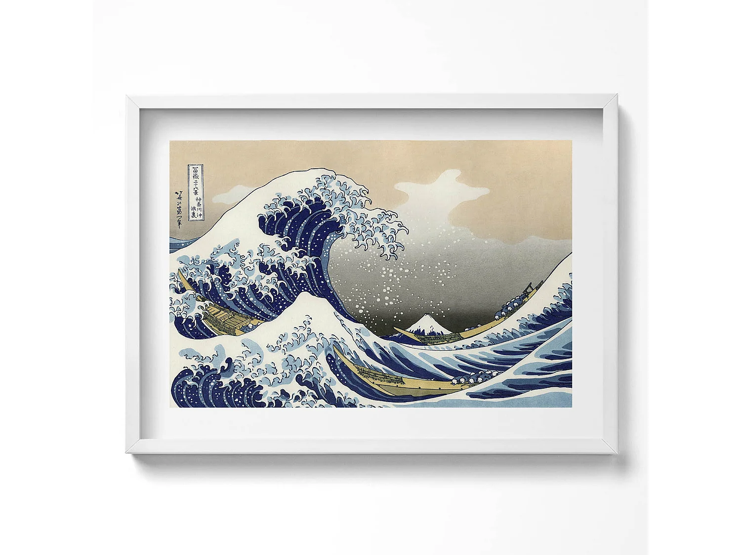 Dekoratives Gemälde mit weißem Rahmen, Große Welle in Kanagawa 70 x 50 cm – Perfekt für das Wohn- oder Schlafzimmer