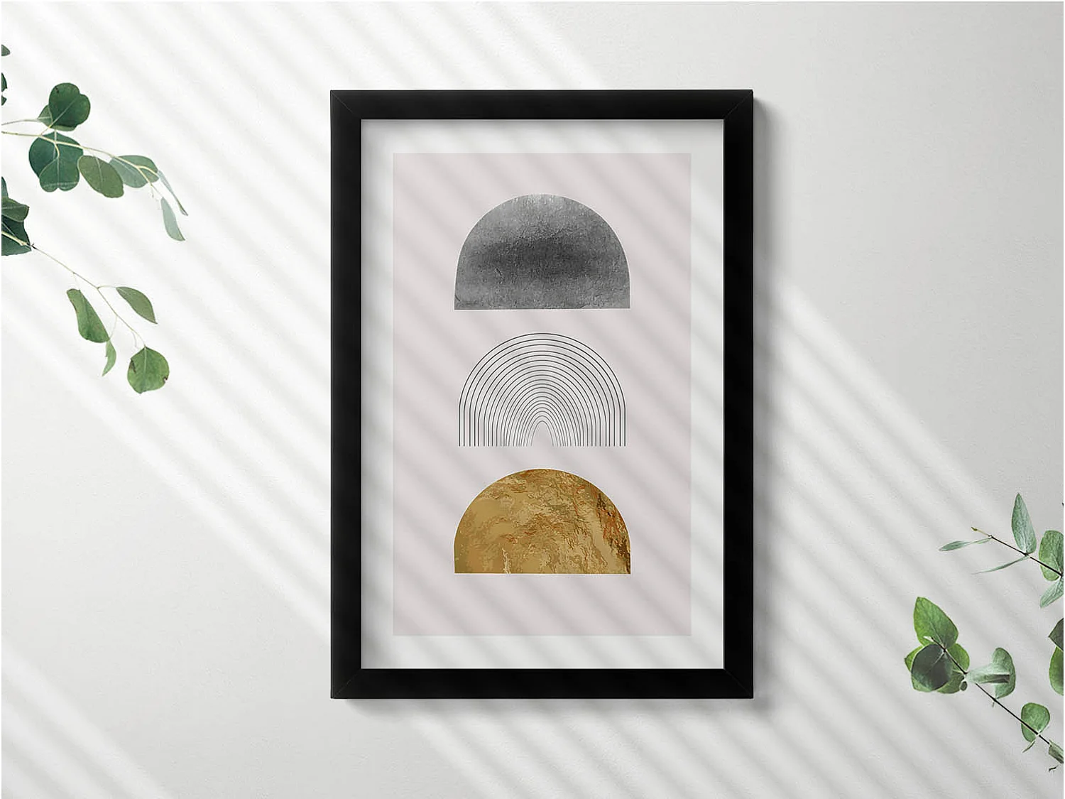 Tableau décoratif avec cadre noir, Formes bohèmes avec de l'or 20 x 30 cm – Parfait pour le salon ou la chambre