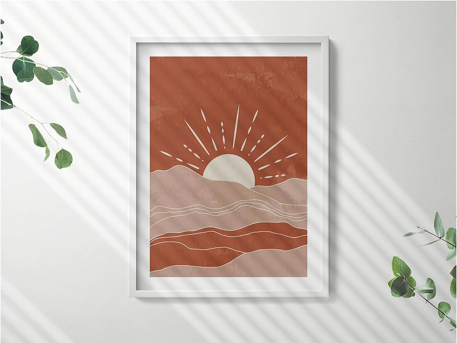 Dekoratives Gemälde mit weißem Rahmen, Illustration der aufgehenden Sonne 60 x 80 cm – Perfekt für das Wohn- oder Schlafzimmer