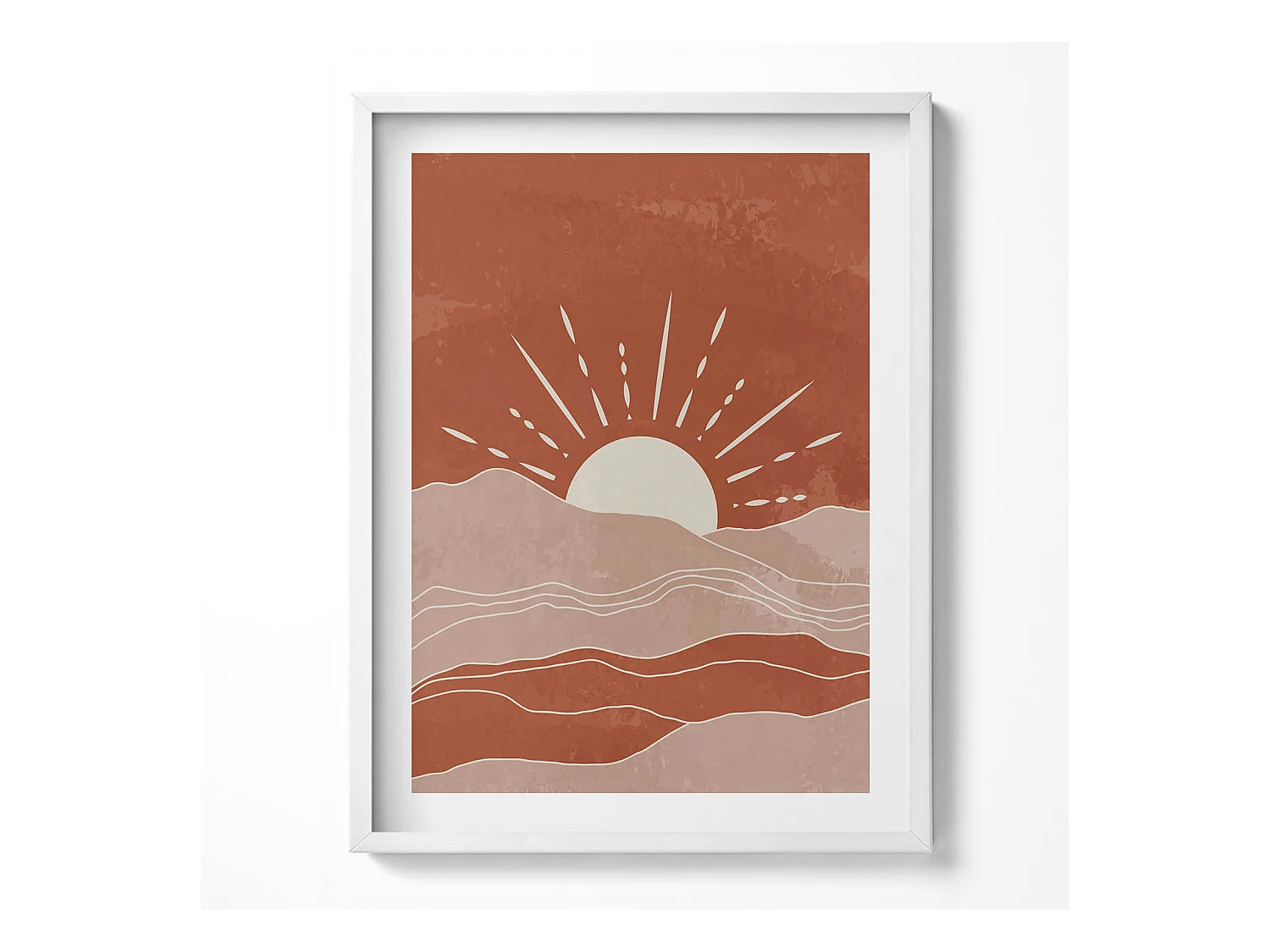 Tableau décoratif avec cadre blanc, Illustration du soleil levant 60 x 80 cm– Parfait pour le salon ou la chambre