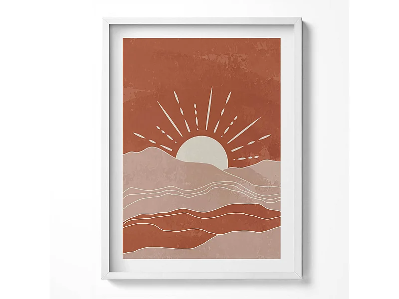 Dekoratives Gemälde mit weißem Rahmen, Illustration der aufgehenden Sonne 60 x 80 cm – Perfekt für das Wohn- oder Schlafzimmer