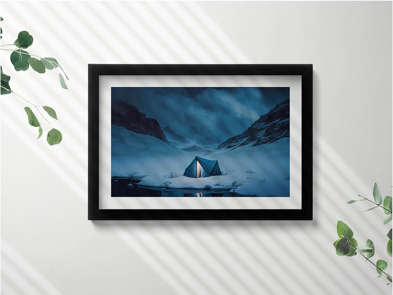 Dekoratives Gemälde mit schwarzem Rahmen, Zelt in den Bergen Islands 30 x 20 cm – Perfekt für das Wohn- oder Schlafzimmer