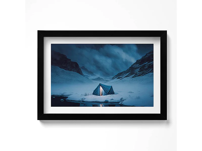 Dekoratives Gemälde mit schwarzem Rahmen, Zelt in den Bergen Islands 30 x 20 cm – Perfekt für das Wohn- oder Schlafzimmer