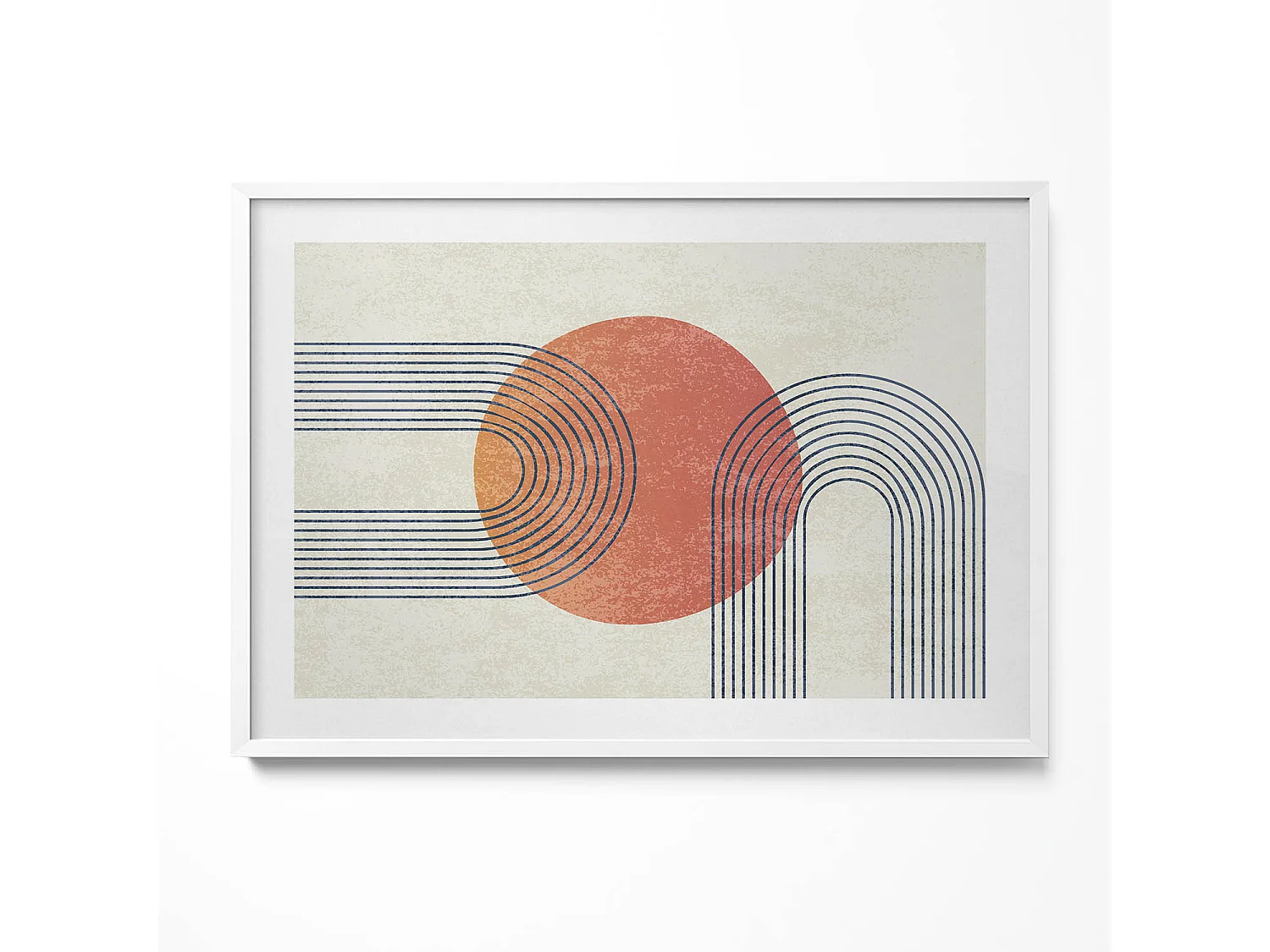 Dekoratives Gemälde mit weißem Rahmen, Linien und Kreis moderner Kunst 100 x 70 cm – Perfekt für das Wohn- oder Schlafzimmer