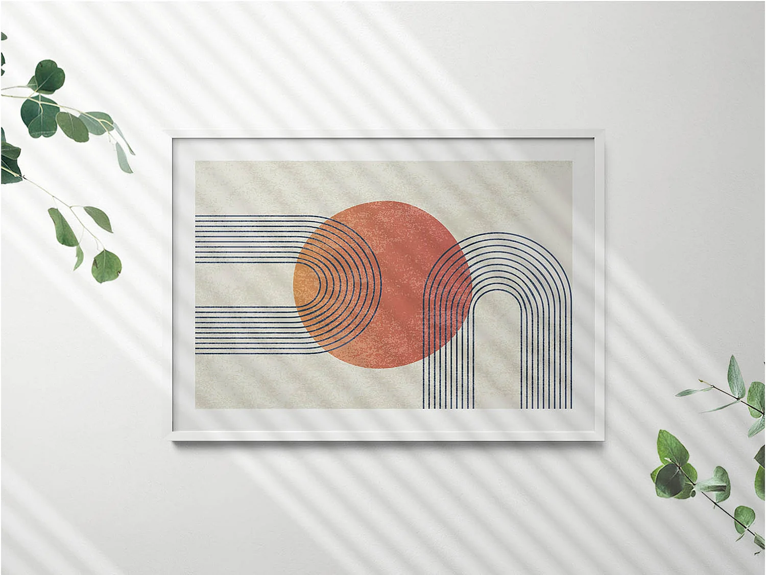 Dekoratives Gemälde mit weißem Rahmen, Linien und Kreis moderner Kunst 100 x 70 cm – Perfekt für das Wohn- oder Schlafzimmer