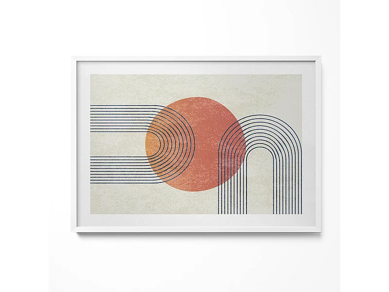 Dekoratives Gemälde mit weißem Rahmen, Linien und Kreis moderner Kunst 100 x 70 cm – Perfekt für das Wohn- oder Schlafzimmer