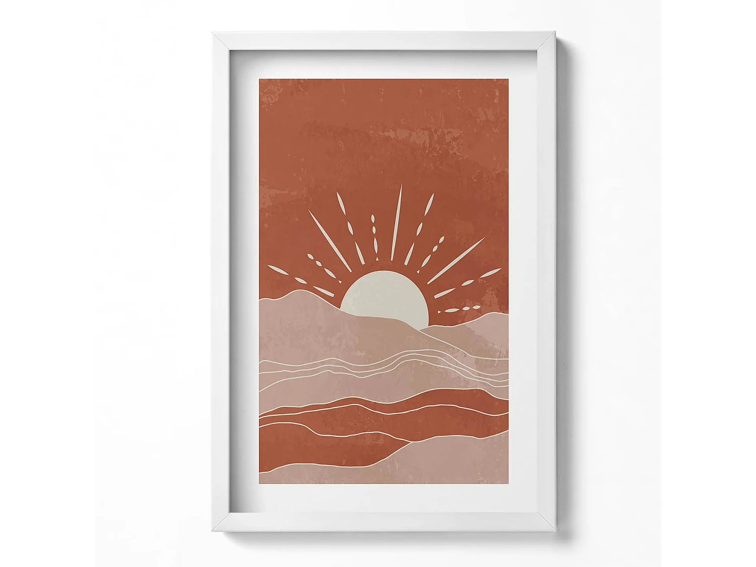 Dekoratives Gemälde mit weißem Rahmen, Illustration der aufgehenden Sonne 40 x 60 cm – Perfekt für das Wohn- oder Schlafzimmer