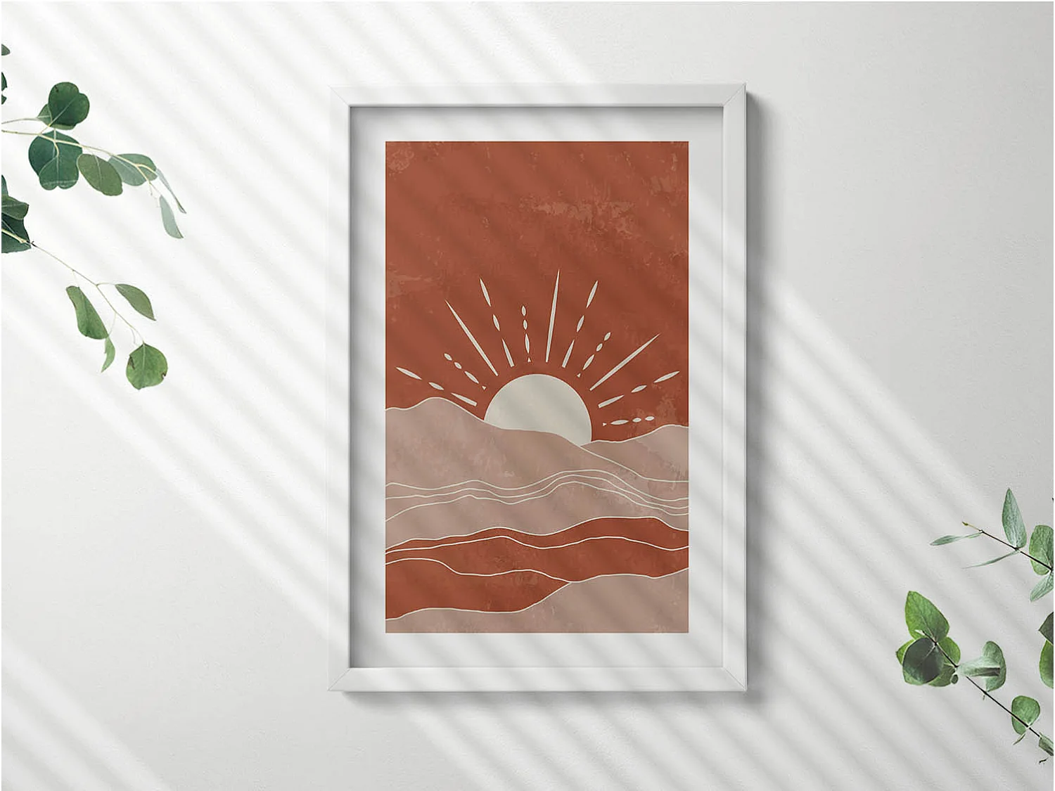 Dekoratives Gemälde mit weißem Rahmen, Illustration der aufgehenden Sonne 40 x 60 cm – Perfekt für das Wohn- oder Schlafzimmer