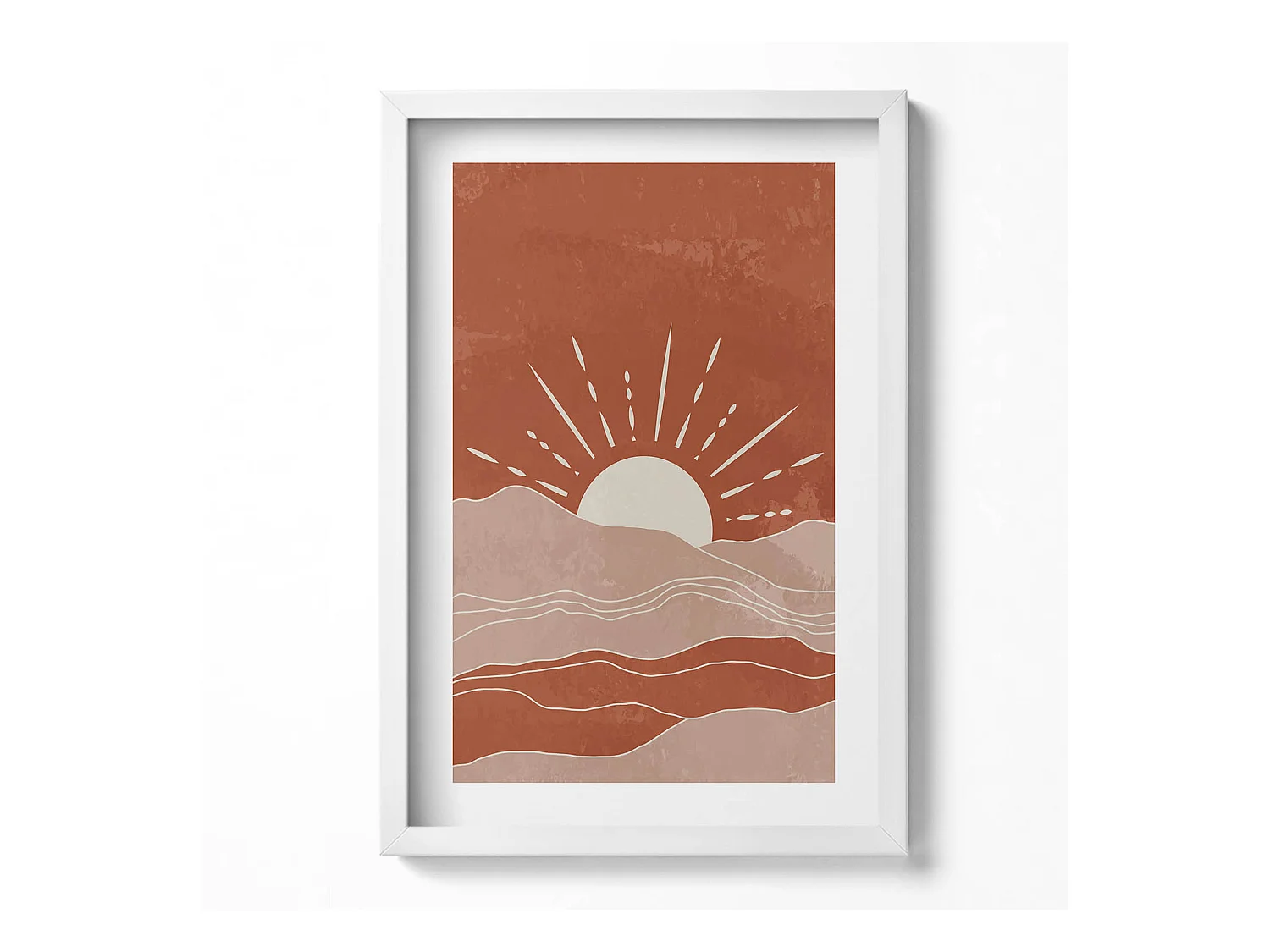 Tableau décoratif avec cadre blanc, Illustration du soleil levant 40 x 60 cm– Parfait pour le salon ou la chambre